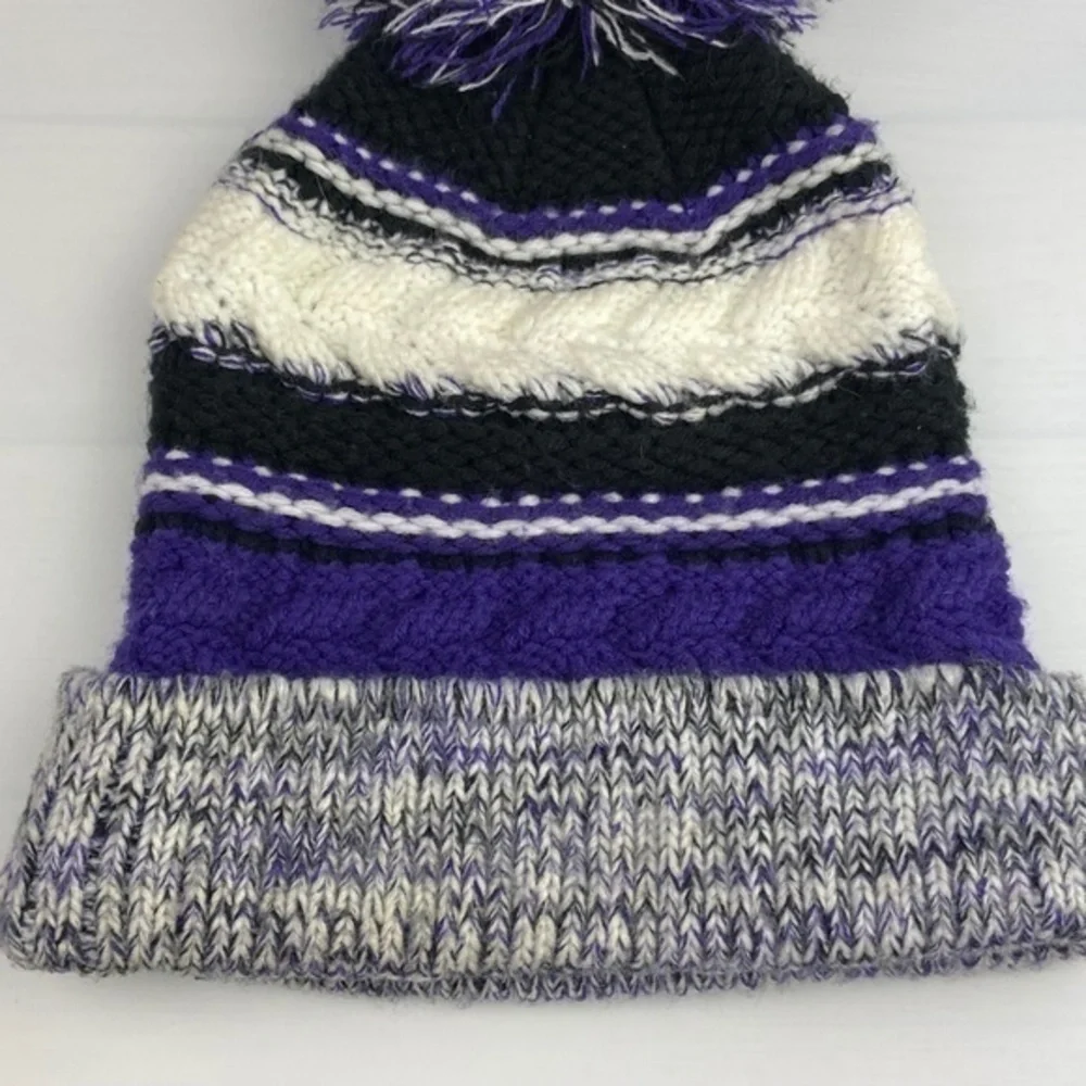 Joes Winter Hat Striped Knit Purple Black White Pom Pom Beanie Winter Hat